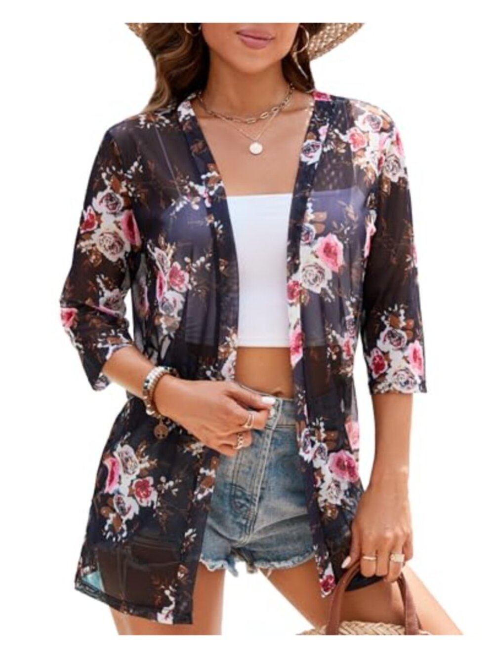 Womens Floral Lace Off Shoulder A-line Long Sleeve Knit Cardigan Top